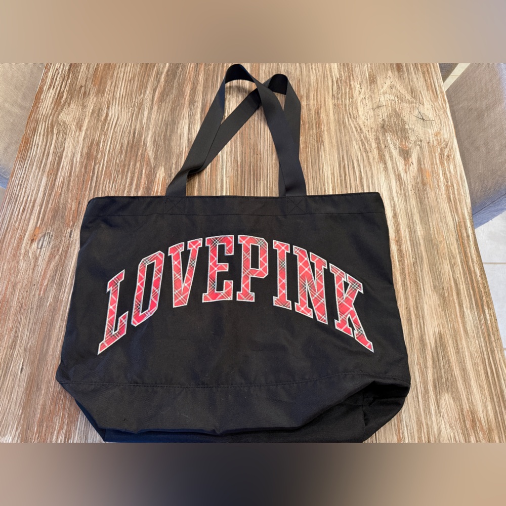 VS Pink Large Black Tote Bag with Red Plaid Logo